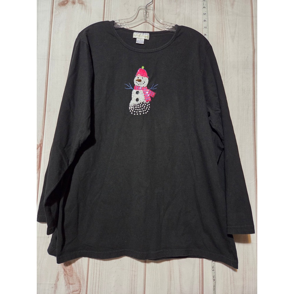 Casey Coleman Black Long Sleeve Beaded Snowman Applique Tunic Top 1X‎